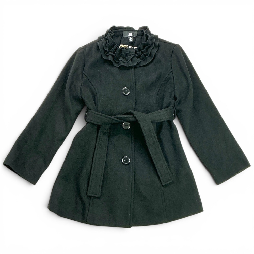 Amy Byer Black Peacoat Kids Size 7-8 Ruffle Collar Leopard Lining Belted